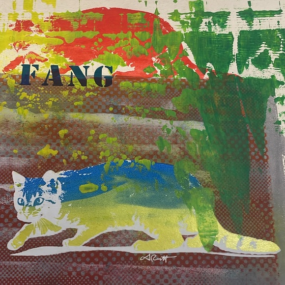 Handcrafted art signed by artist OJ Rutt kitty cats multicolored 16 1/2 x 13 1/4 - Picture 2 of 5